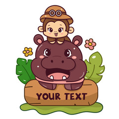 Pygmy hippo baby hippopotamus zoo cartoon with monkey season logo