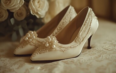 Elegant bridal heels adorned with pearls and delicate beading, resting on a luxurious fabric near a bouquet of roses.  A symbol of wedding day elegance.
