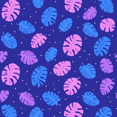 Seamless pattern with pink and blue tropical leaves on a dark blue background.