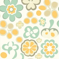 Seamless retro floral pattern with pastel flowers and circles on white background.