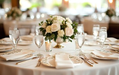 Fototapeta premium Romantic wedding table setting: Delicate white roses centerpiece, elegant gold cutlery, pristine white linens. A dreamy atmosphere for a special day.