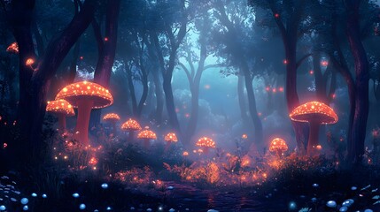 Naklejka premium Enchanting Glowing Mushrooms in a Mystical Forest