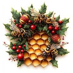 Festive bee wreath with holly, pinecones, and honeycomb.