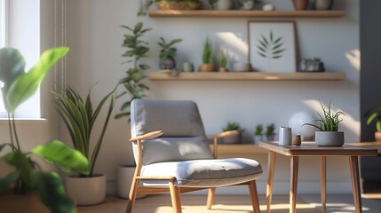 Fototapeta premium Scandinavian living room interior design with a sleek gray armchair, low wooden coffee table, and floating shelves showcasing small plants and minimalist ceramics.