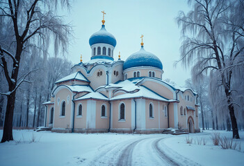 Obraz premium Epiphany Cathedral of the monastery with blue domes