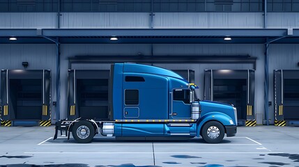 Fototapeta premium Modern blue semi trailer truck in warehouse