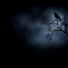 Silhouette of a crow perched on a bare tree branch under a moody night sky and full moon.