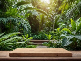 Fototapeta premium empty table top wooden counter podium in outdoor tropical garden forest blurred green plant background with space.organic produc