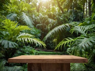  empty table top wooden counter podium in outdoor tropical garden forest blurred green plant background with space.organic produc