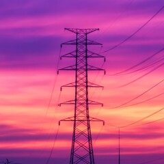 Silhouette of high-voltage power tower against vibrant sunset sky.