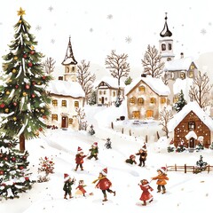 Festive winter village scene with snow, trees, and people celebrating the holiday season.