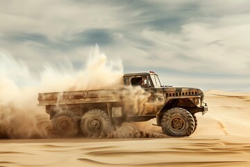 Obraz premium Monster truck in the sand desert with clouds
