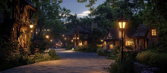 Fototapeta premium Charming twilight scene of a quaint village street lined with illuminated cottages and trees.