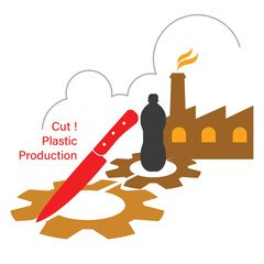 CutPlasticProduction:Bold imagery of a knife, plastic bottle, and factory gears symbolizes the urgent need to cut plastic production, highlighting its industrial roots and environmental harm.