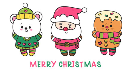 santa gingerbread and polar bear christmas kawaii cartoon happy new year card