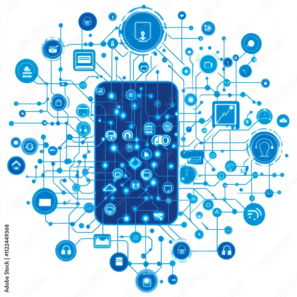 Poster smartphone displaying interconnected digital apps and data streams.