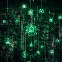 Obraz premium Smart city network, digital homes, technology, futuristic cityscape, green glowing icons, data connections, innovation, digital transformation.