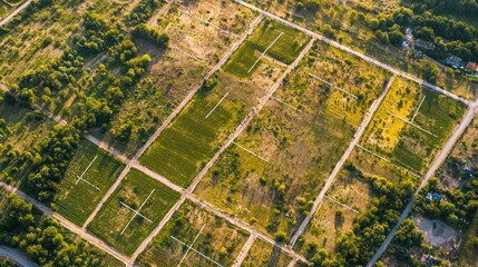 An aerial view of land parcels marked with bright lines and tags.