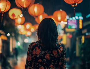 Fototapeta premium A woman with shoulder-length hair walks down a rain-soaked street, facing her camera, wearing a floral shirt.