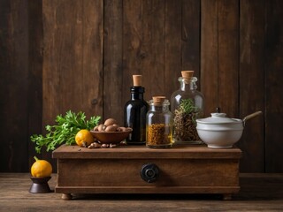Vintage wooden podium board for product display with cooking ingredients