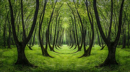 Obraz premium Lush green forest with trees forming a symmetrical pathway.