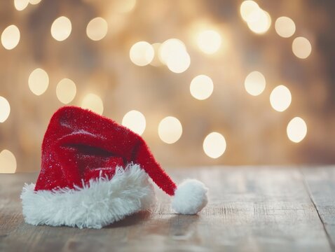 A Santa hat placed on a wooden table with twinkling lights in the background - Powered by Adobe