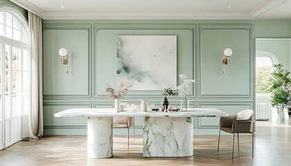 Elegant dining room with marble table and pastel green walls, watercolor accents 