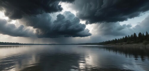 Obraz premium Cloudy sky with an ominous storm cloud above a serene lake, peaceful surroundings, heavy rain clouds