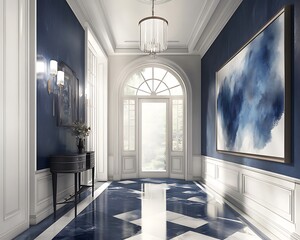 Elegant hallway with a mix of dark blue and white tones, watercolor touch 