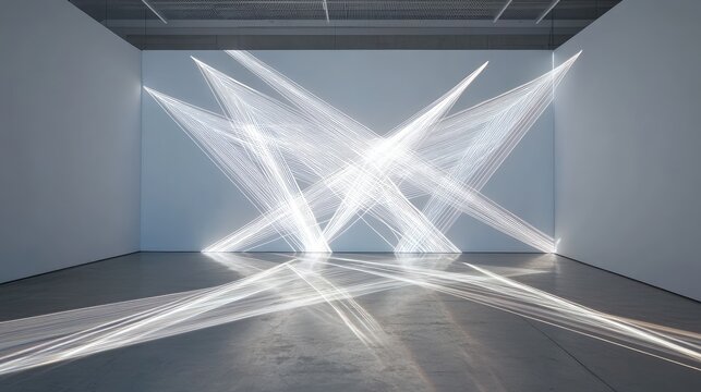 A minimalist display of intersecting laser beams forming angular shapes and shadows on a white wall