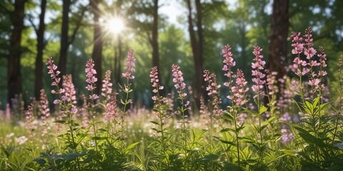 Obraz premium Soft pink wildflowers sway gently in the sunlight filtering through the trees, pink wildflowers, nature scenery