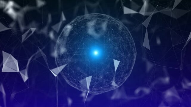 Abstract Digital Globe, Futuristic Technology sphere connected plexus. Geometric plexus background. moving lines dots triangles Science Hologram high-tech Earth Planet. light HUD world Virtual reality