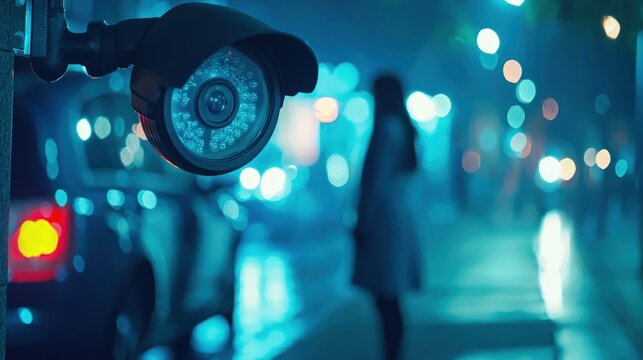 A security camera view showing someone loitering near a car at night.