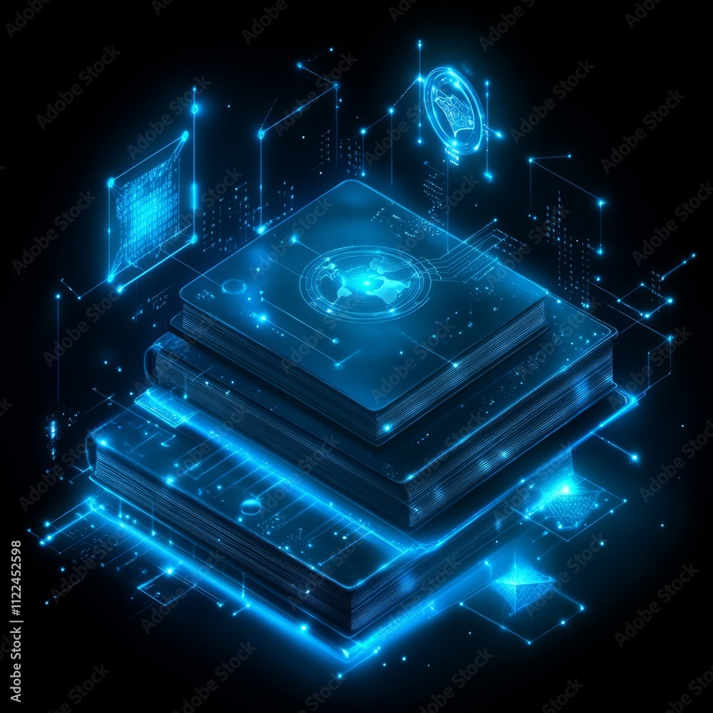 Poster stacked glowing data cubes with circuit lines and digital interfaces.