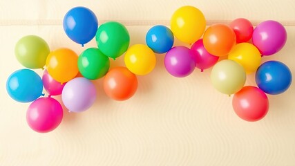 Fototapeta premium Colorful balloons arranged in a diagonal line on a cream-colored background with a subtle pattern resembling a table runner, diagonal shape, celebration