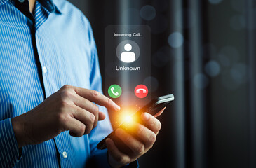 Close-Up of a Man Receiving an Incoming Call from an Unknown Number on a Smartphone with Bright...