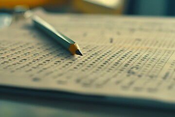 Pencil on a sheet of paper on the table with a computer