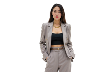 A young Asian woman with long dark hair wears a grey suit jacket, black tube top, and matching grey pants, accessorized with a gold chain necklace.