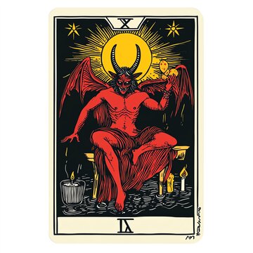 A vivid illustration of a tarot card featuring the Devil figure in bold colors.