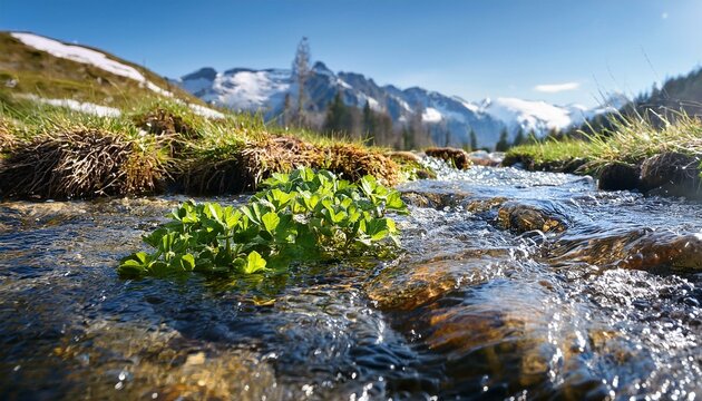 高山の雪解け水が流れる小川。澄んだ水の中に生えた水草が繊細に描かれる、清らかな風景