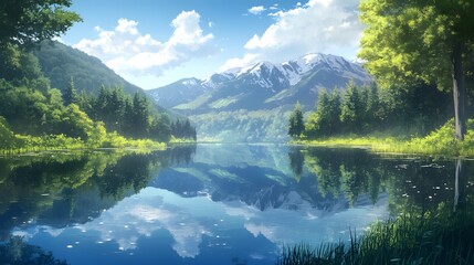Serene Mountain Lake with Reflected Sky and Clouds