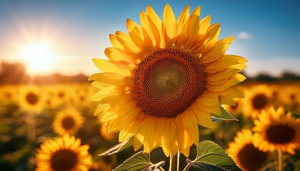 Obraz premium 一面に広がるひまわり畑の中で、太陽の光を浴びて輝く一輪のひまわり