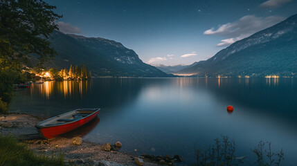 Obraz premium Peaceful lakeside evening with reflections and a boat by the shore
