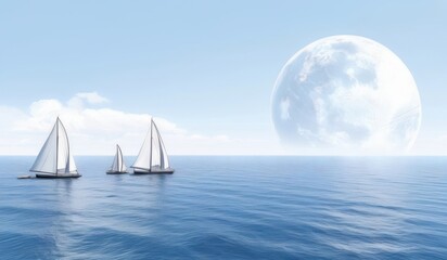 Naklejka premium sailboats are sailing in the open ocean with a full moon in the background
