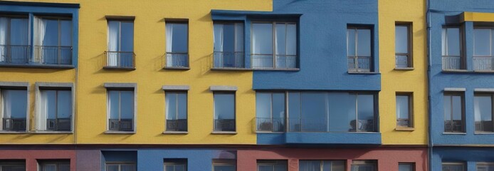 Obraz premium Colorful blue and yellow wall with contrasting windows in a large apartment complex, yellow, balcony