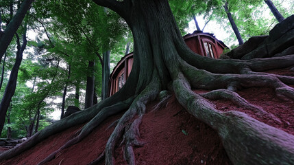 Obraz premium Massive tree roots engulfing a small structure