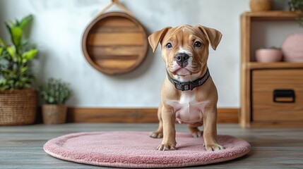 Adorable fawn-colored Pit Bull puppy sitting on a pink rug indoors.
