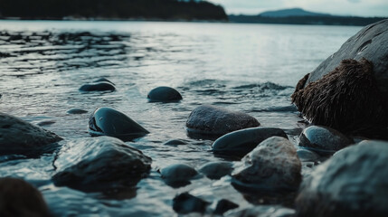 Fototapeta premium Dark rocks meet flowing water