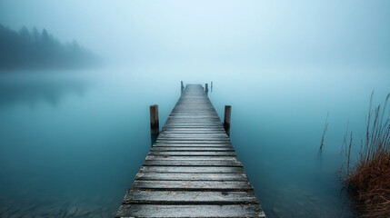 Fototapeta premium Misty dock extending into calm water at dawn near a serene forested area