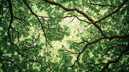 Fototapeta premium A vibrant forest canopy of green leaves and branches transforms sunlight into a dappled mosaic, showcasing the intricate habitat that supports diverse wildlife 